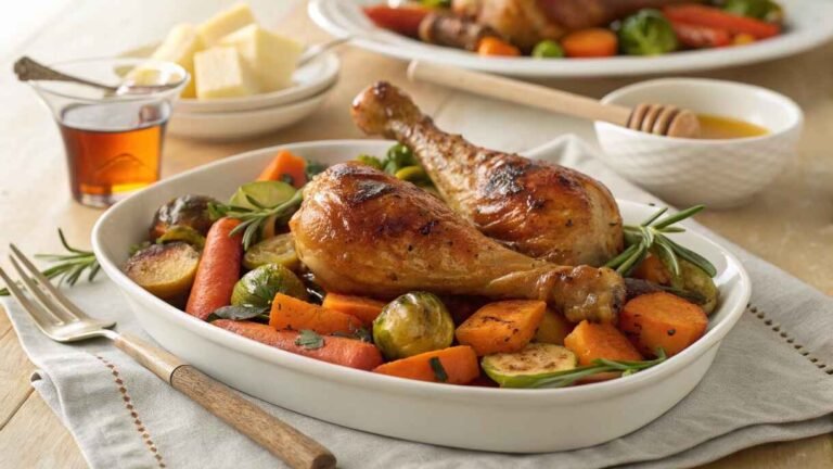 A Beautifully Plated Dish Featuring Roasted Turkey Drumsticks Surrounded By Colorful Roasted Vegetables Such As Carrots, Brussels Sprouts, And Sweet Potatoes.