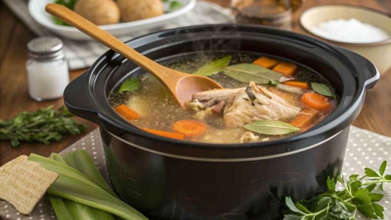 A Slow Cooker Filled With Simmering Chicken Bone Broth recipe