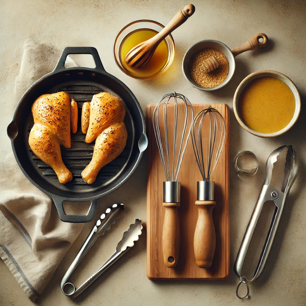 A skillet with cooking tools arranged on a kitchen counter