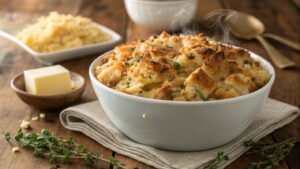 Chicken Dressing Recipe Served In A White Bowl.