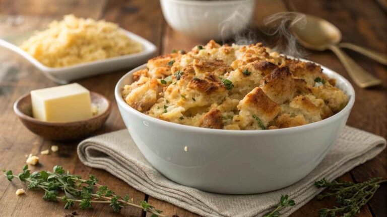 Chicken Dressing Recipe Served In A White Bowl.