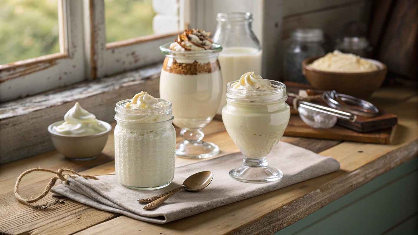 What Type of Cream Works Best for This Dish? A Beautifully Arranged Display Of Various Types Of Cream—heavy Cream, Whipping Cream, And Half And Half—each In Elegant Glass