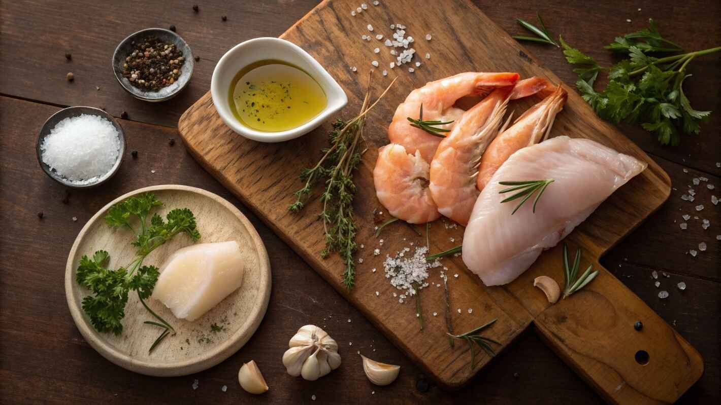 A Beautifully Arranged Flat Lay Composition Of Raw Chicken And Fresh Shrimp, Artfully Placed On A Rustic Wooden Countertop.