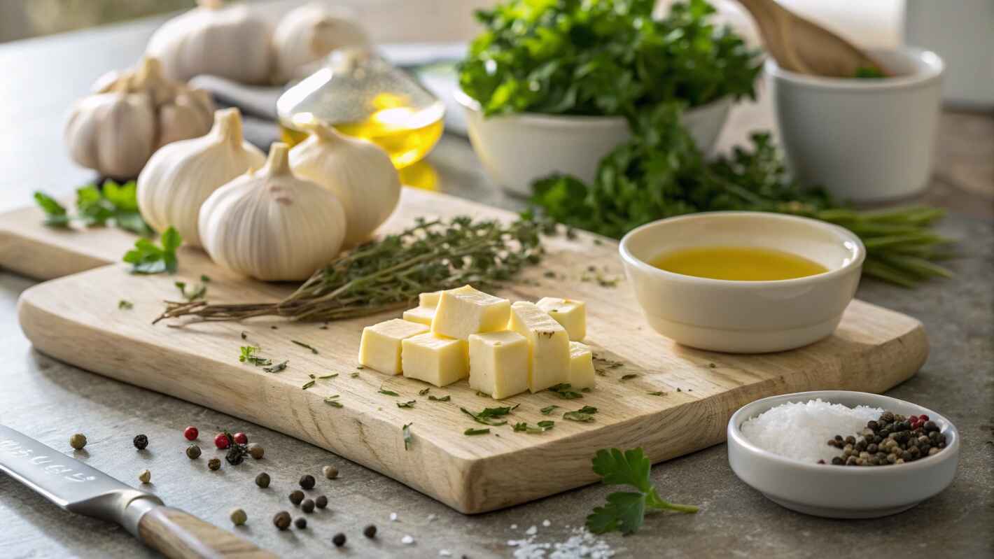 A Beautifully Arranged Kitchen Countertop Featuring Fresh Garlic Butter Cloves, High Quality Unsalted Butter Cut Into Small Cubes, And An Assortment Of Fresh Herbs Including Parsley And Thyme.