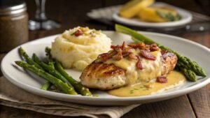 A Beautifully Plated Alice Springs Chicken Recipe, Featuring A Tender, Golden Seared Fillet Smothered In Melted Cheese, Crispy Bacon, And A Rich Honey Mustard Sauce.