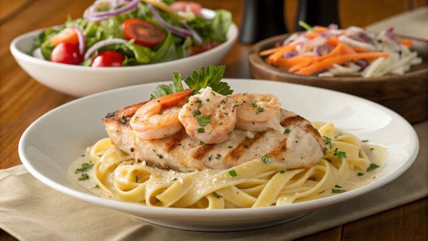 A Beautifully Plated Dish Of Grilled Chicken And Sautéed Shrimp Served Over A Bed Of Al Dente Fettuccine, Coated In A Rich, Creamy Garlic Parmesan Sauce.