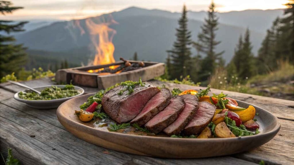 A Beautifully Plated Dish Of Tender, Grilled Beef Heart Slices, Seared To Perfection With A Golden Brown Crust, Served With Roasted Vegetables And Fresh Herbs.