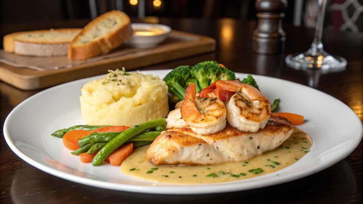 A Beautifully Plated Gourmet Dish Featuring Tender, Golden Seared Chicken and shrimp Recipe Succulent, Buttery Shrimp, Elegantly Arranged On A Fine White Porcelain Plate.