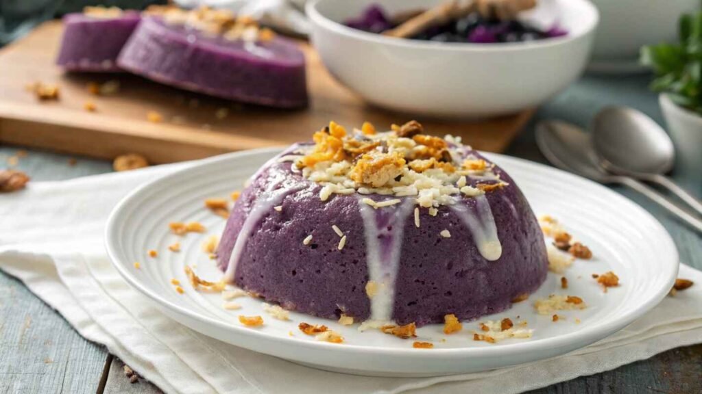 A Beautifully Plated Serving Of Ube Halaya, Molded Into A Perfect Round Shape With A Smooth, Glossy Surface.