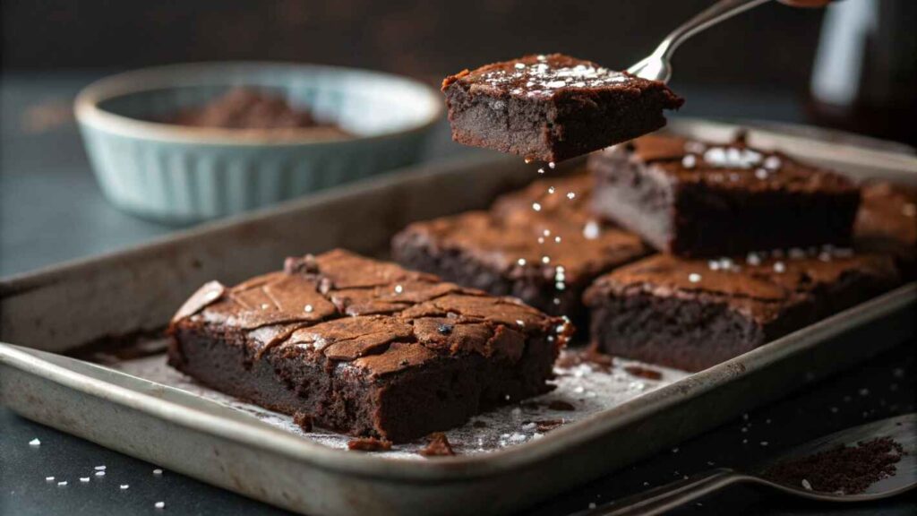 A Close Up Of A Fudgy, Dark Chocolate Protein Brownies With A Rich, Moist Texture