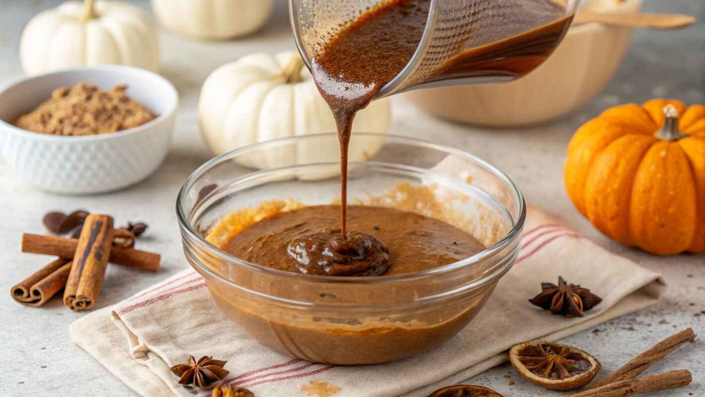 A Cozy Autumn Baking Scene, Close Up Shot Of Thick, Glossy Molasses Being Poured Into A Glass Mixing Bowl Filled With Pancake Batter.
