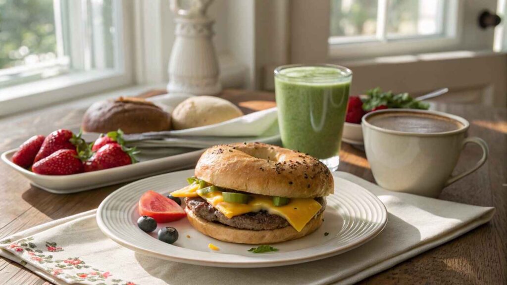 A Cozy Breakfast Table Setting With A Homemade Steak Egg And Cheese Bagels On A White Plate,