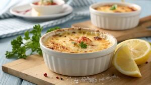 A Decadent Serving Of Store Leftover Crab Brûlée Presented In A Small, Elegant Ramekin.