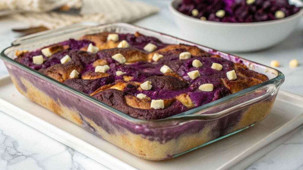A Freshly Baked Ube Bread Pudding In A Glass Baking Dish, Featuring A Rich, Deep Purple Hue With A Golden, Caramelized Top.
