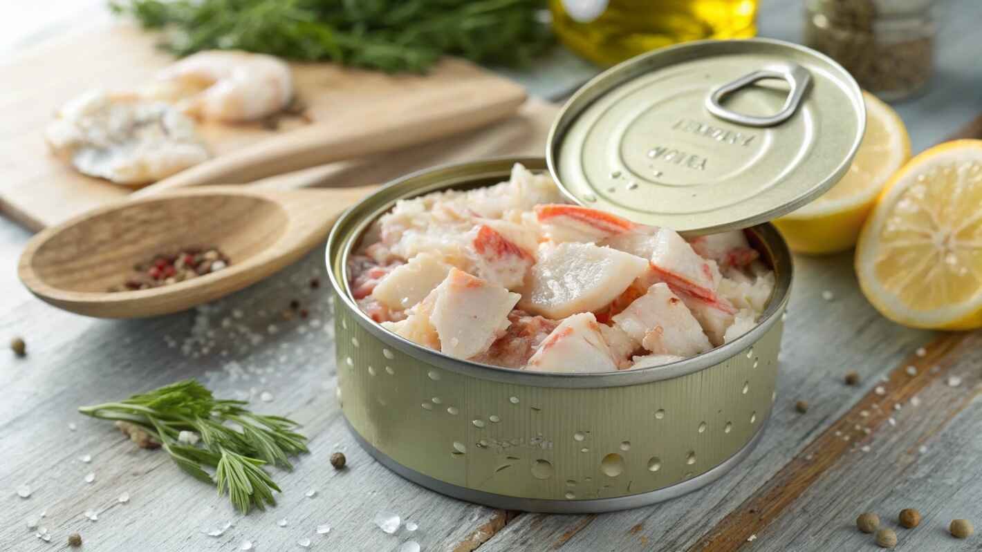 A Freshly Opened Can Of Crab Meat, Revealing Tender, Flaky White And Pink Crab Pieces Inside.