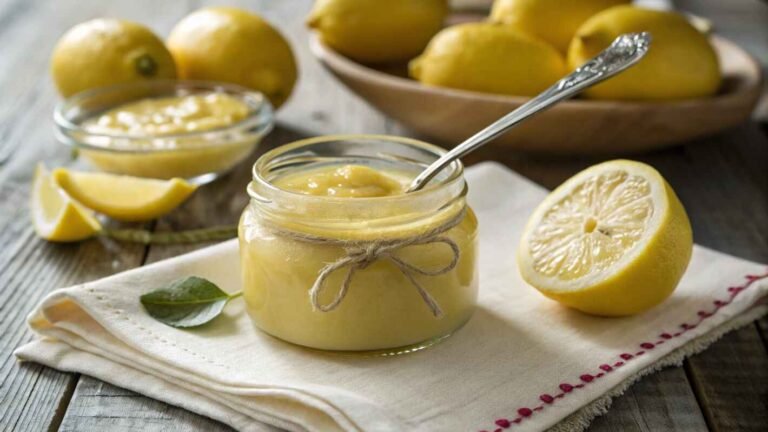 A Glass Jar Filled With Silky, Homemade Lemon Curd,