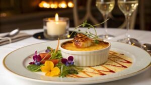 A Gourmet Crab Brûlée Elegantly Plated In A Fine Dining Setting.
