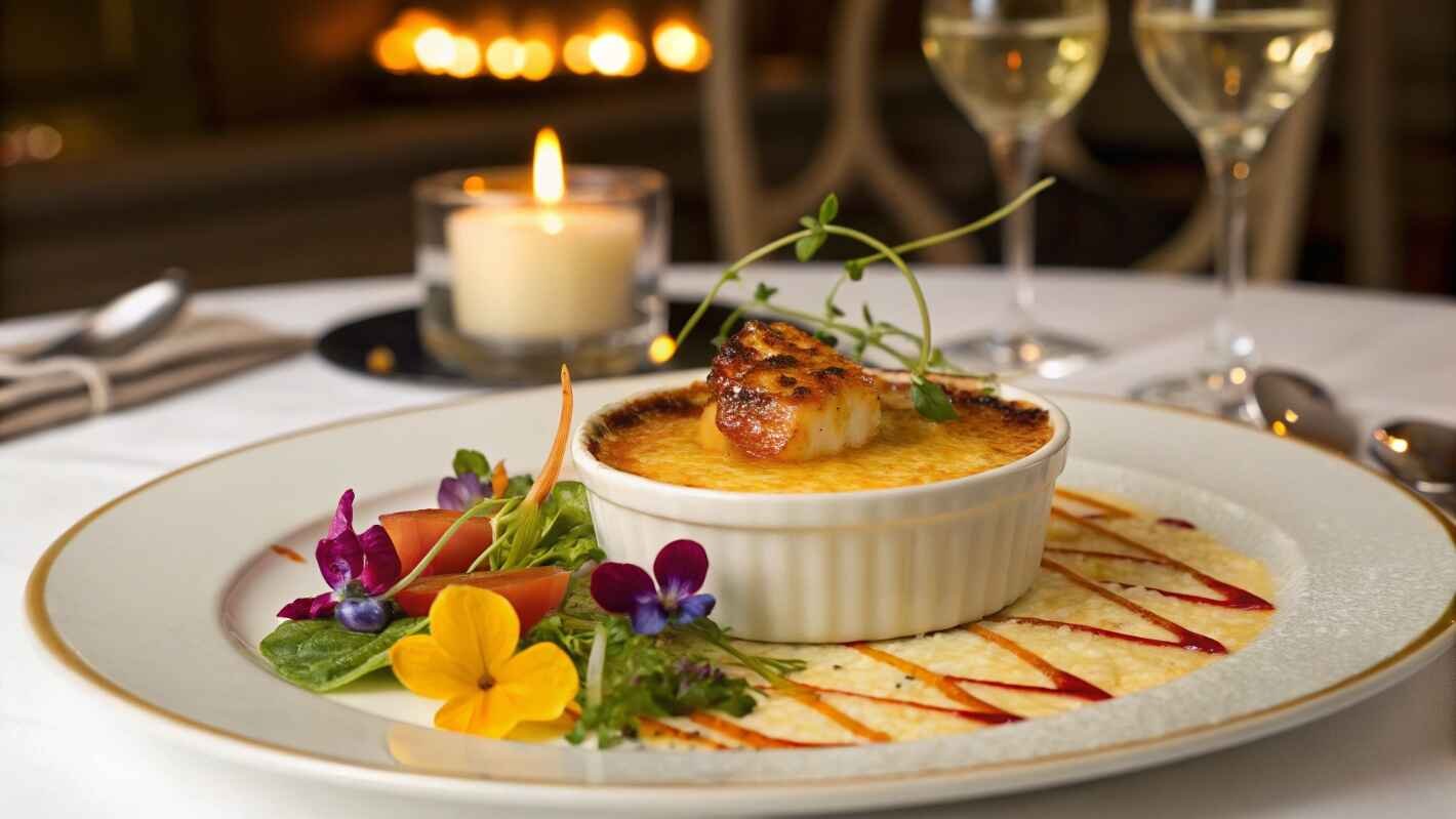 A Gourmet Crab Brûlée Elegantly Plated In A Fine Dining Setting.