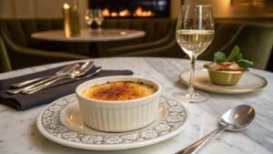 A Gourmet Crab meat Brûlée Elegantly Plated In A Fine White Ramekin