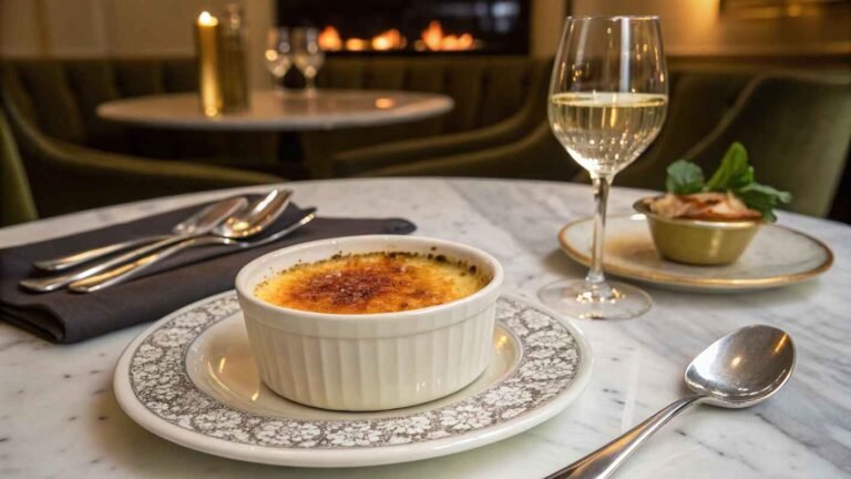 A Gourmet Crab meat Brûlée Elegantly Plated In A Fine White Ramekin