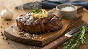 A Perfectly Grilled, Juicy Steak With A Rich, Seared Crust, Topped With A Dollop Of Melting Garlic Butter Infused With Fresh Herbs.