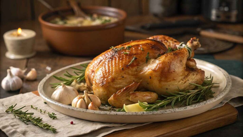 A Perfectly Roasted Whole Chicken With Golden, Crispy Skin,