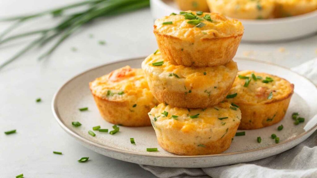 A Plate Stacked With Golden Brown Cheesy Egg Muffins, Baked To Perfection With A Fluffy, Moist Texture.