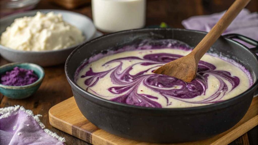 A Rich, Creamy Pot Of Ube Halaya Recipe Being Swirled With Deep Purple Ube Flavoring And Coloring.
