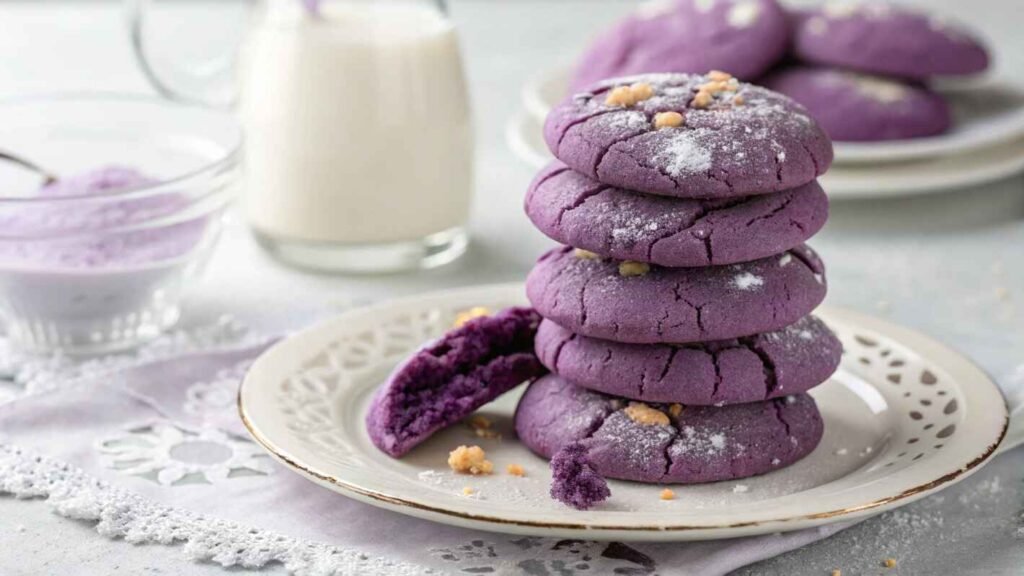A Stack Of Freshly Baked Exploring the Unique Flavor of Ube Cookies With A Rich Purple Hue, Slightly Cracked Surface, And A Delicate Sugar Dusted Coating.