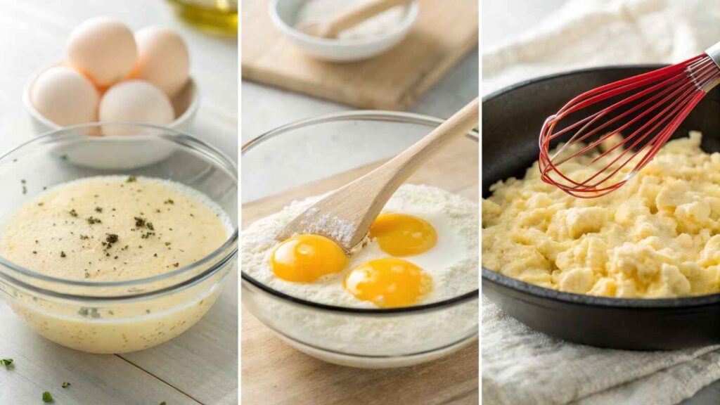 A Step By Step Collage Showcasing The Process Of Making Creamy Scrambled Eggs.
