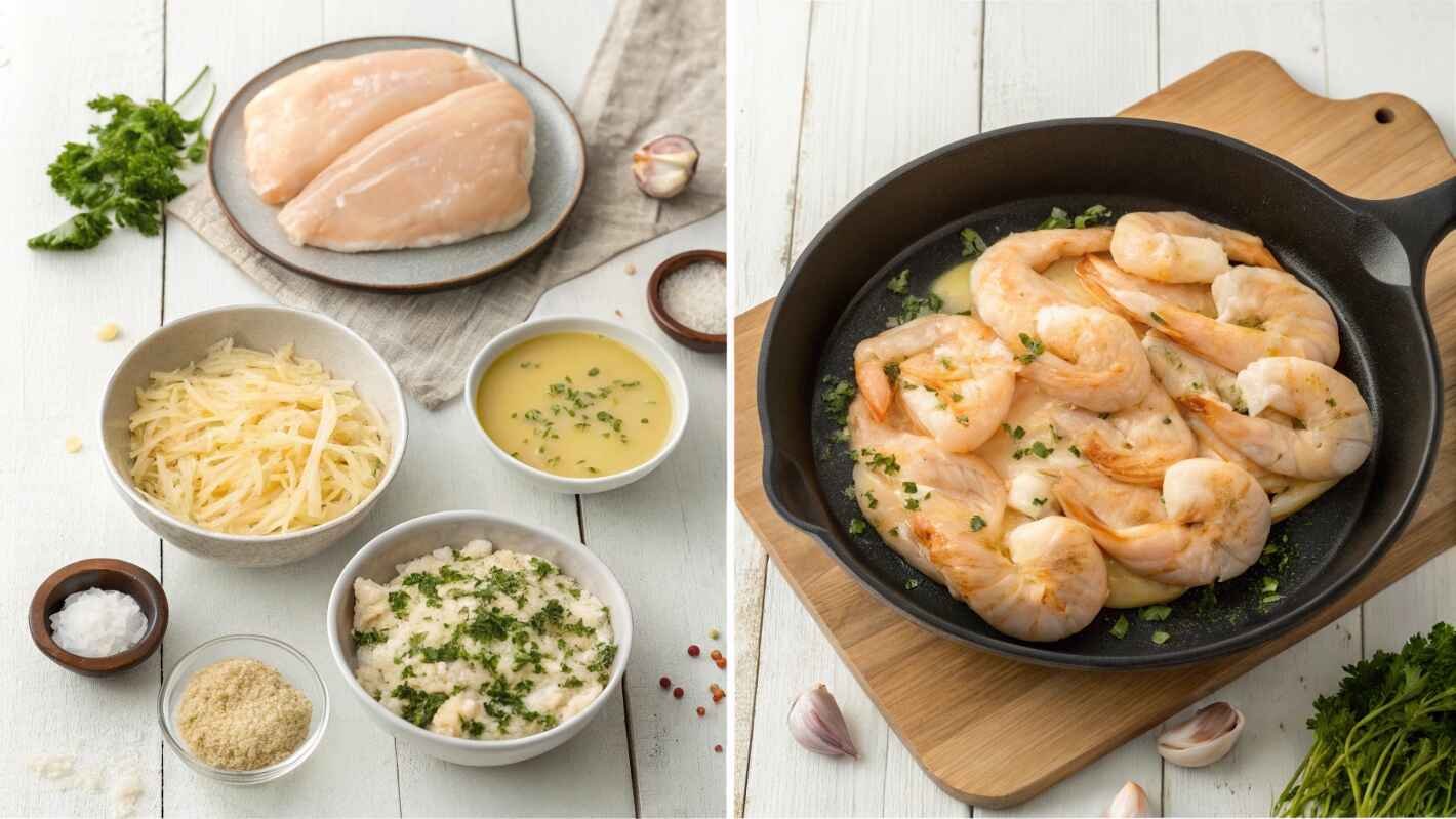 A Step By Step Visual Guide Showcasing The Preparation Of A Gourmet Chicken And Shrimp Dish.