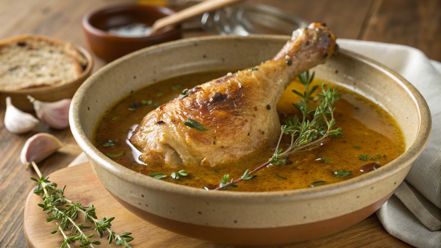 A Tender, Slow Cooked Chicken Drumstick, Glistening With Rich, Golden Broth, Served In A Rustic, Deep Ceramic Bowl. How To Cook Chicken Very Tender