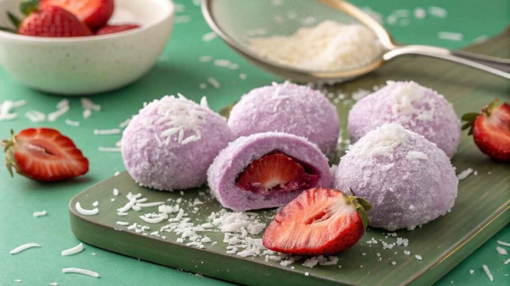 A Vibrant Display Of Homemade Ube Mochi, Each Round Ball Coated In Finely Shredded Coconut.