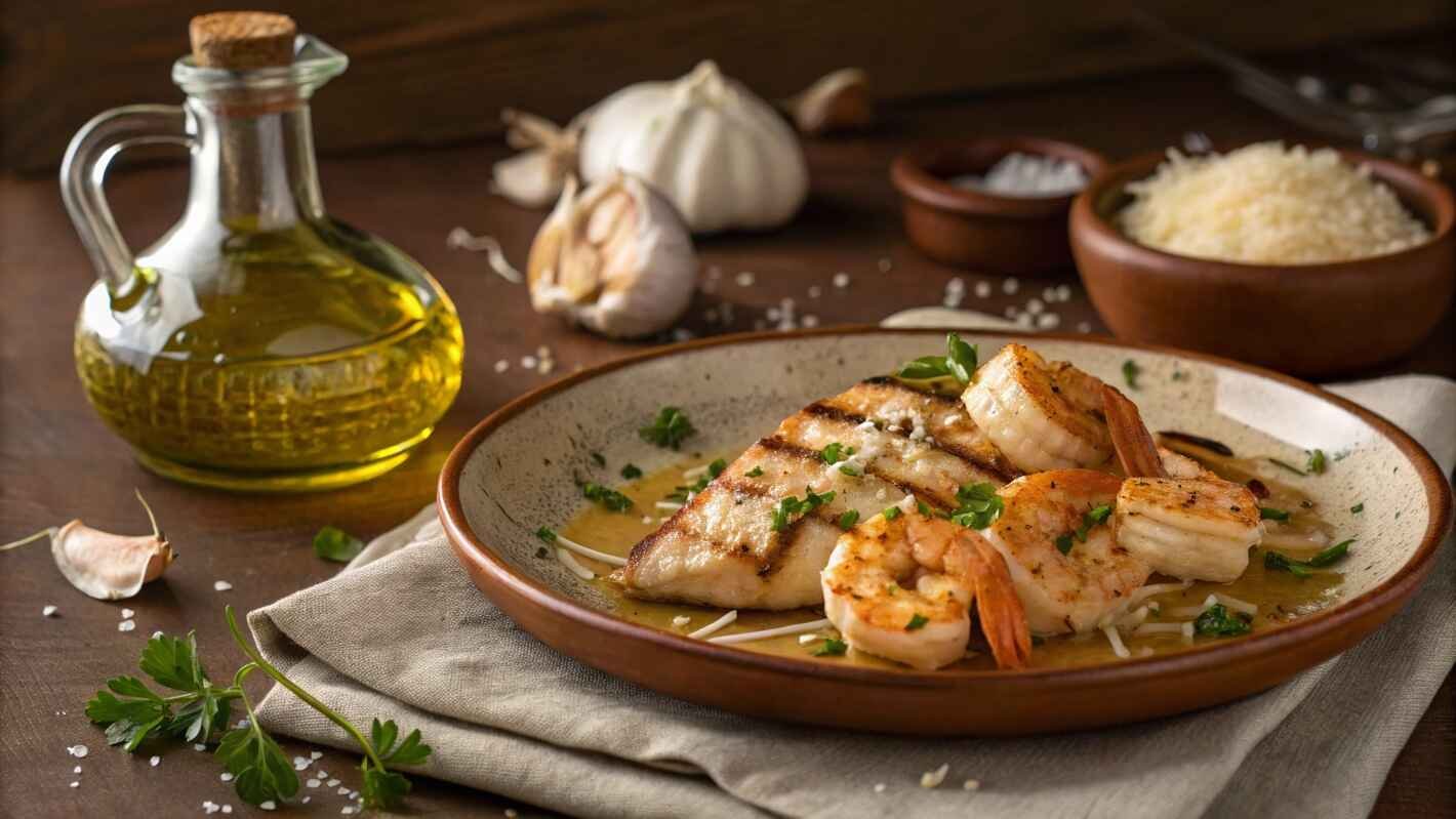 A Warm And Inviting Food Scene Featuring A Bottle Of Rich, Golden Olive Oil And Fresh Garlic Cloves, Elegantly Arranged Beside A Beautifully Plated Dish Of Grilled Chicken And Shrimp Recipe.