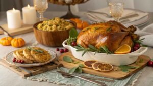 A Warmly Lit Thanksgiving Table Set With A Golden Brown Roasted Turkey As The Centerpiece, Garnished With Fresh Herbs, Roasted Garlic, And Citrus Slices.