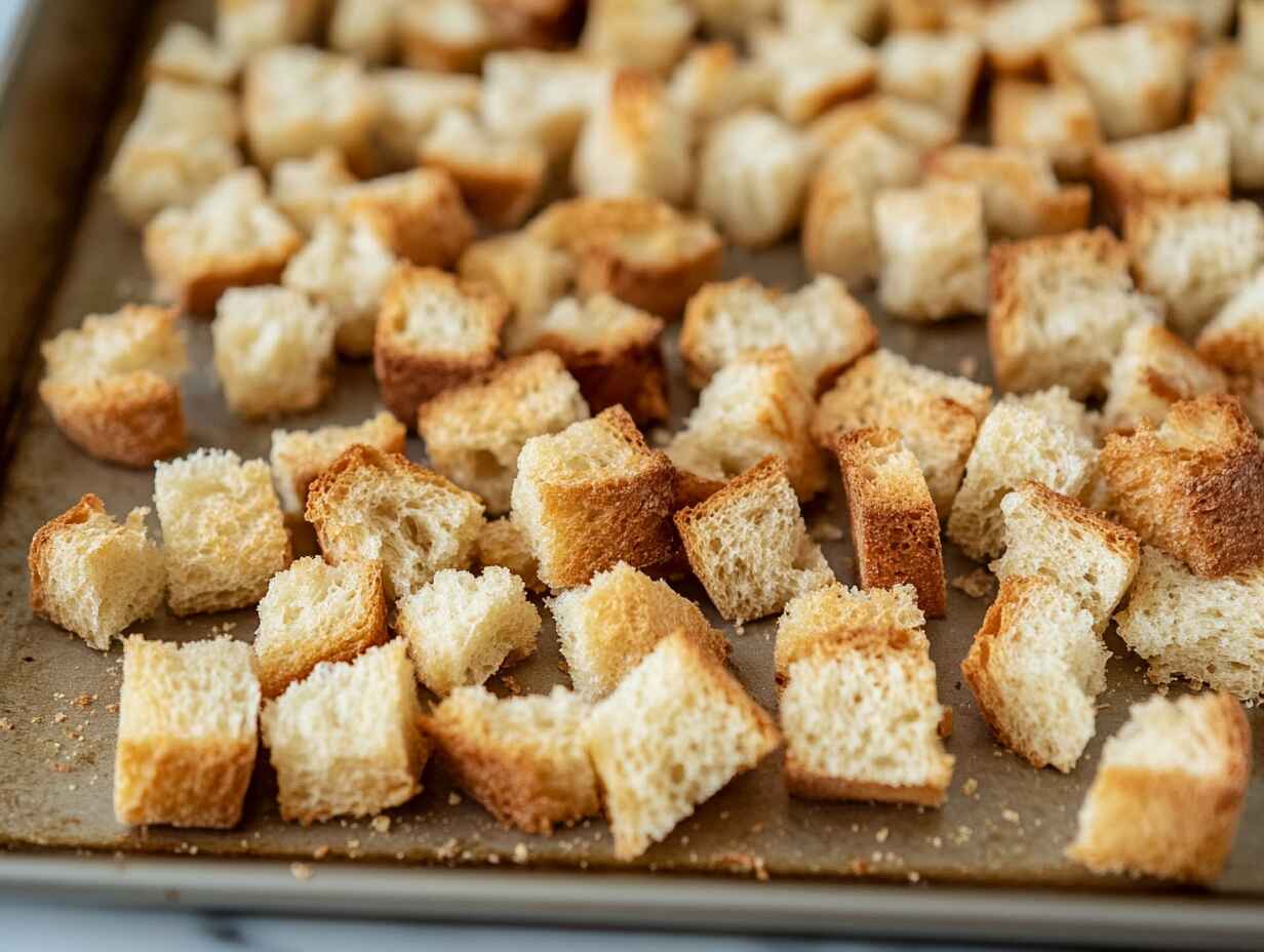 Close Up Of Dried Bread Cubes On A Baking Sheet, Prepared For Stuffing. Bread Out Overnight for Stuffing