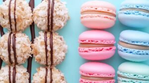 Colorful Macaron vs Macaroon And Chocolate Drizzled Coconut Macaroons.
