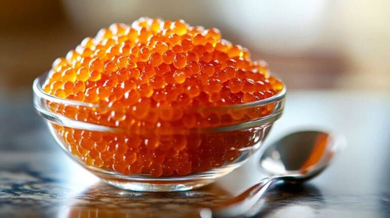 Fresh Orange Tobiko Roe In A Glass Bowl, Perfect For Tobiko Diet Tips.