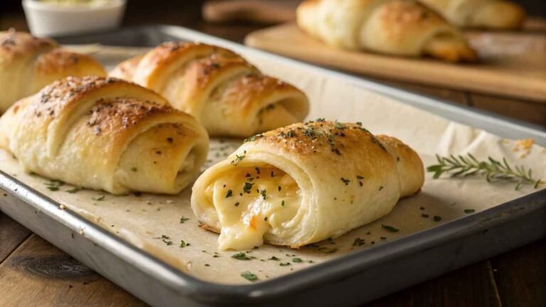 Freshly Baked Crescent Rolls Filled With Gooey, Melted Cheese, Resting On A Parchment Lined Baking Tray. (2)