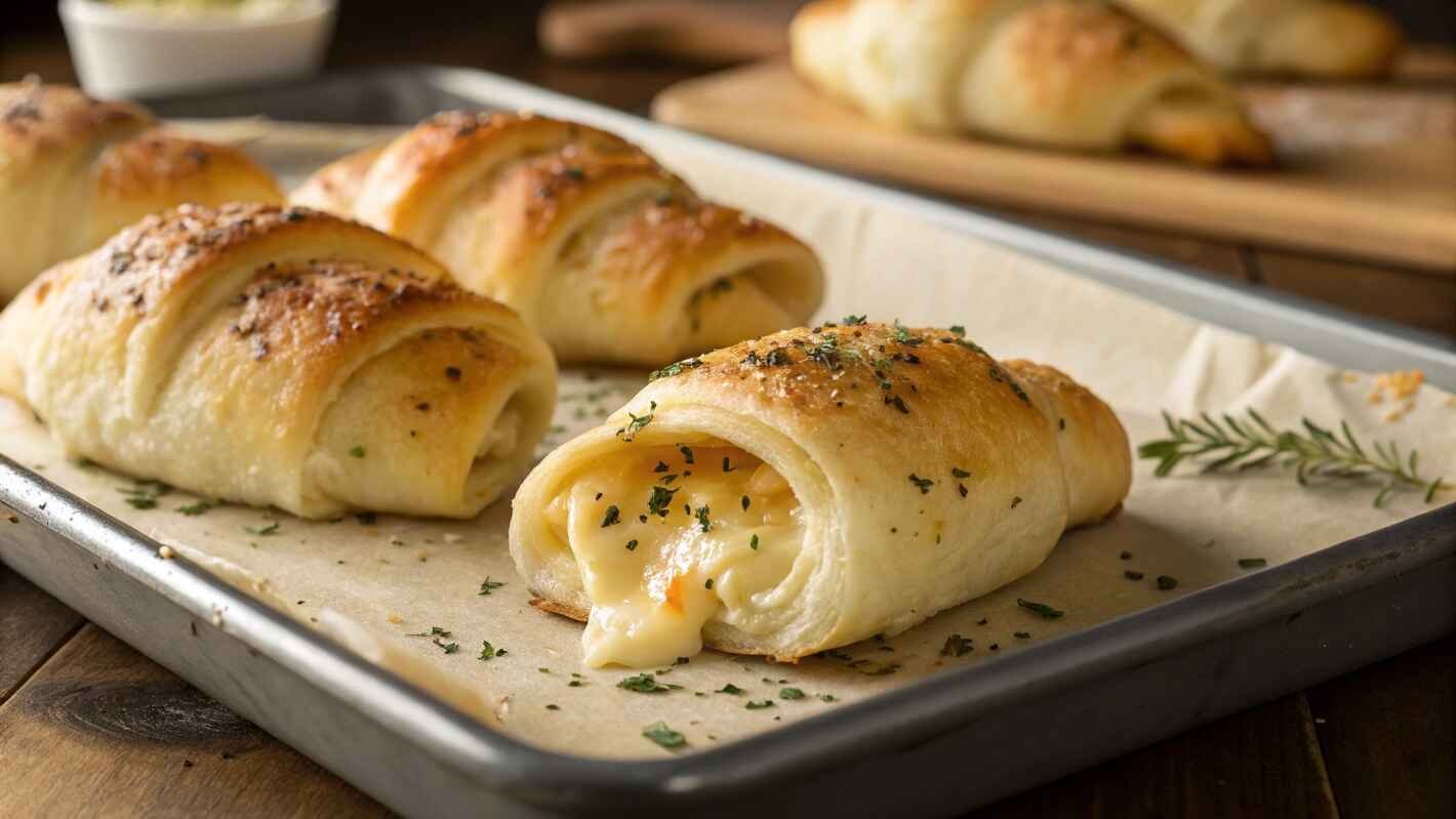 Freshly Baked Crescent Rolls Filled With Gooey, Melted Cheese, Resting On A Parchment Lined Baking Tray. (2)
