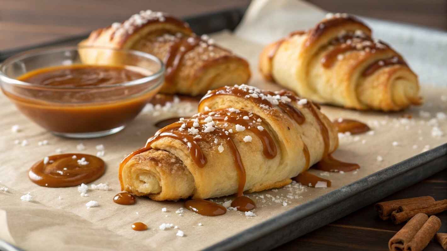Freshly Baked Freeze Pillsburry Crescent Roll Drizzled With Rich Caramel Sauce