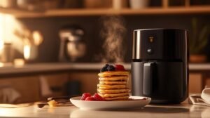 Golden Crispy Mini Frozen Pancakes Stacked On A Plate, Drizzled With Syrup, Topped With Berries, Next To A Sleek Air Fryer On A Kitchen Countertop.