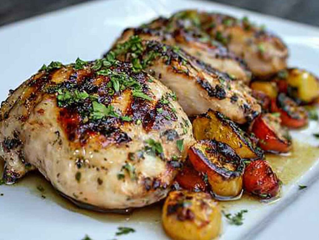 Grilled Chicken Marinated With Vinegar, Garnished With Herbs And Roasted Vegetables.