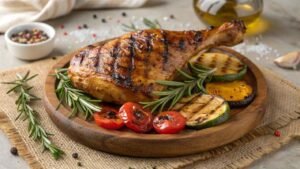 How To Cook Chicken Very Tender. A Juicy, Grilled Chicken Thigh With Perfectly Crispy, Golden Brown Skin, Showcasing A Smoky Char And Succulent Texture.