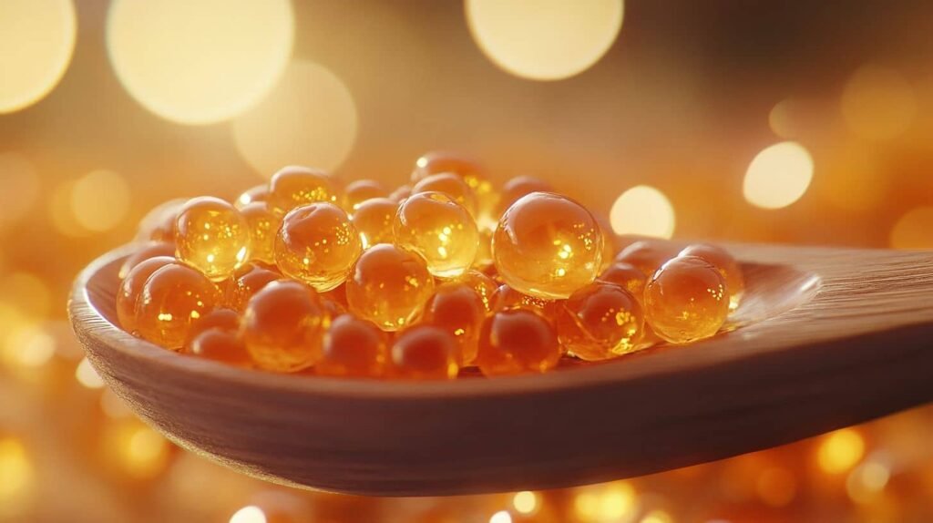 Hyper Realistic Close Up Of Glistening Salmon Roe On A Wooden Spoon, With Vibrant Orange Hues And A Softly Blurred Background.