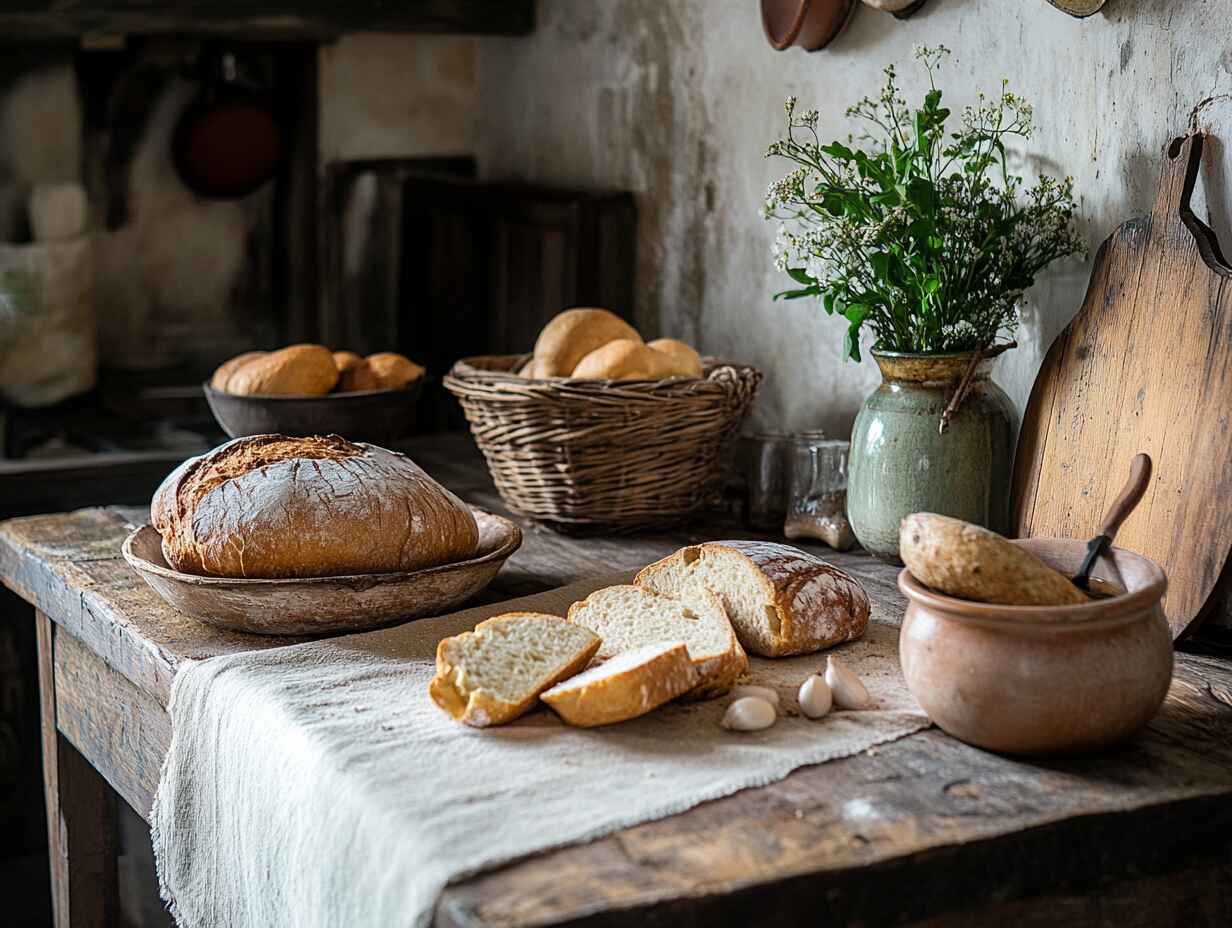 Rustic Kitchen Scene With Bread Out Overnight for Stuffing On A Wooden Table, Ready For Making Stuffing.