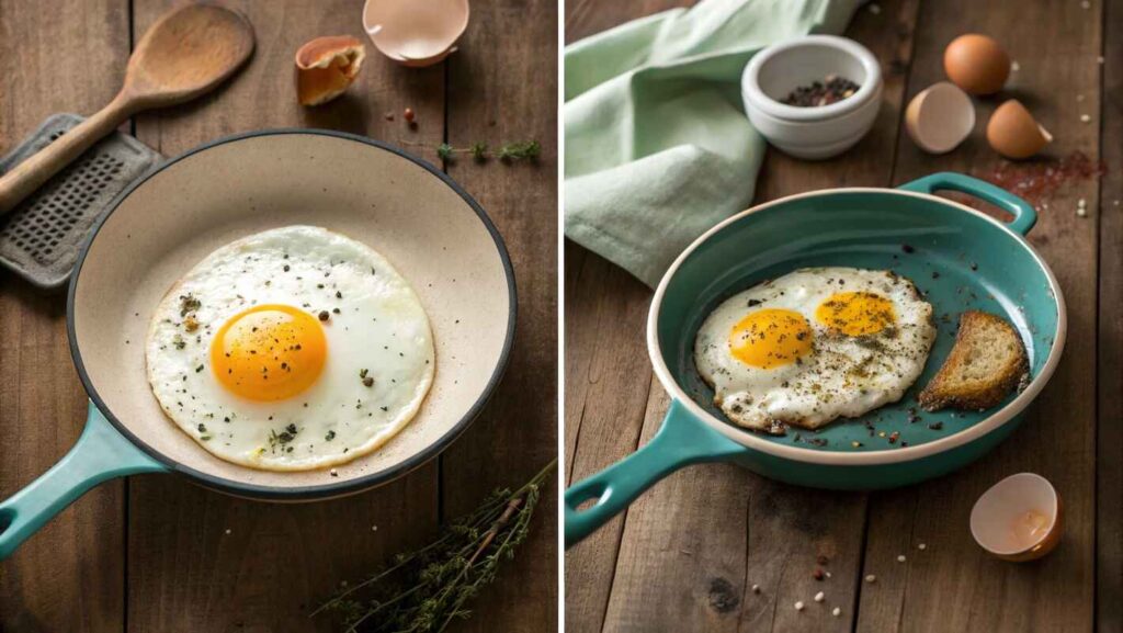 Side By Side Instructional Shot Of Cooking A Eggs Over Hard In A Ceramic Skillet.