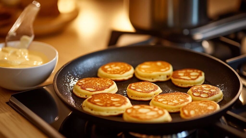Small, Skinny Mini Pancakes Cooking In A Skillet, Highlighting The Process Of Making Mini Pancakes.