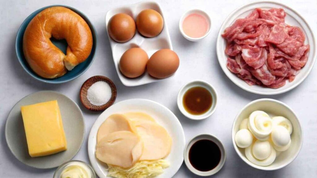 Steak Egg And Cheese Bagel. Showcases A Neatly Arranged Assortment Of Ingredients (2)