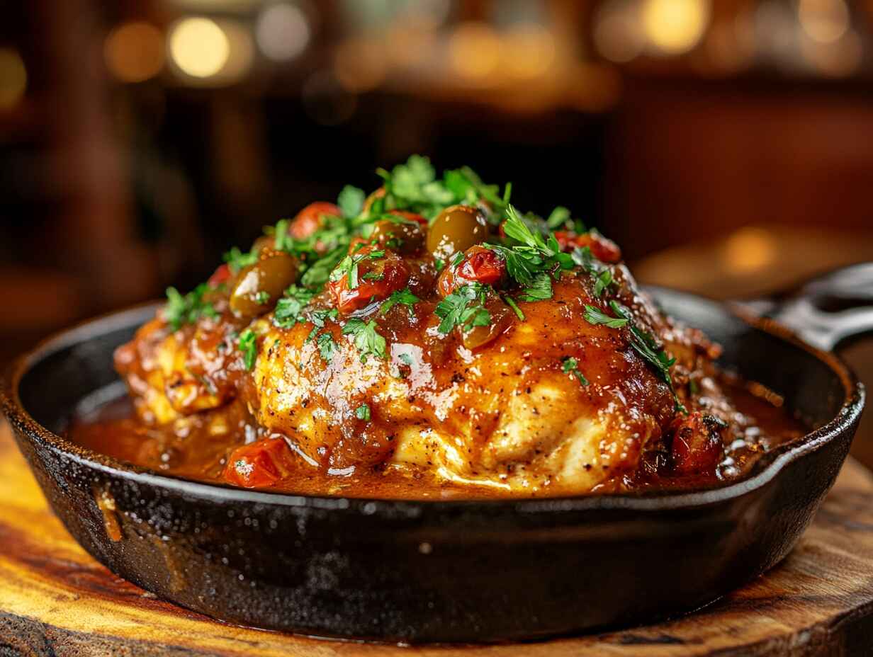Succulent Mississippi Chicken Cacciatore In A Cast Iron Skillet, Topped With A Rich Tomato Sauce, Green Olives, And Fresh Parsley.